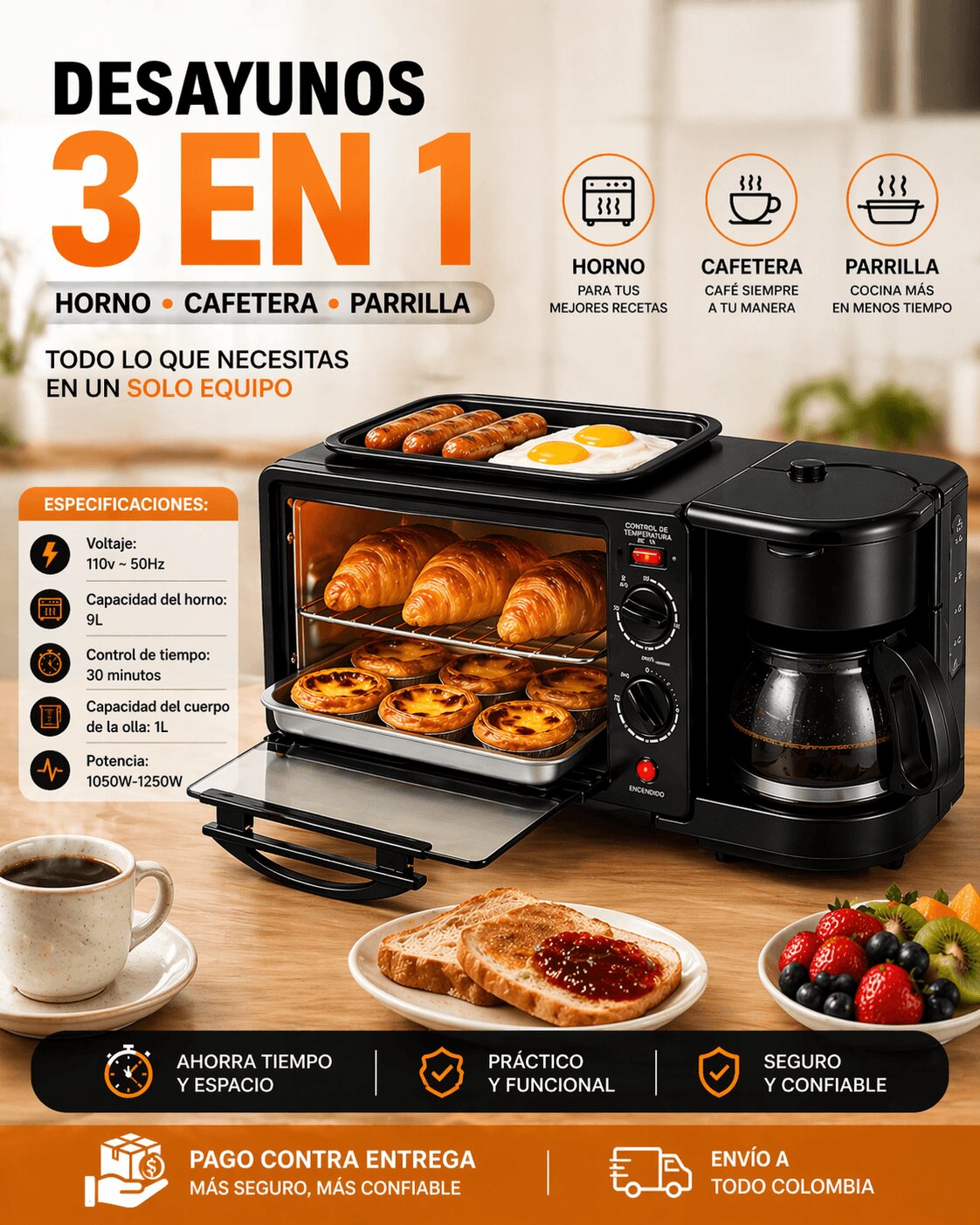 Horno 3 en 1: Plancha y Cafetera 1 L