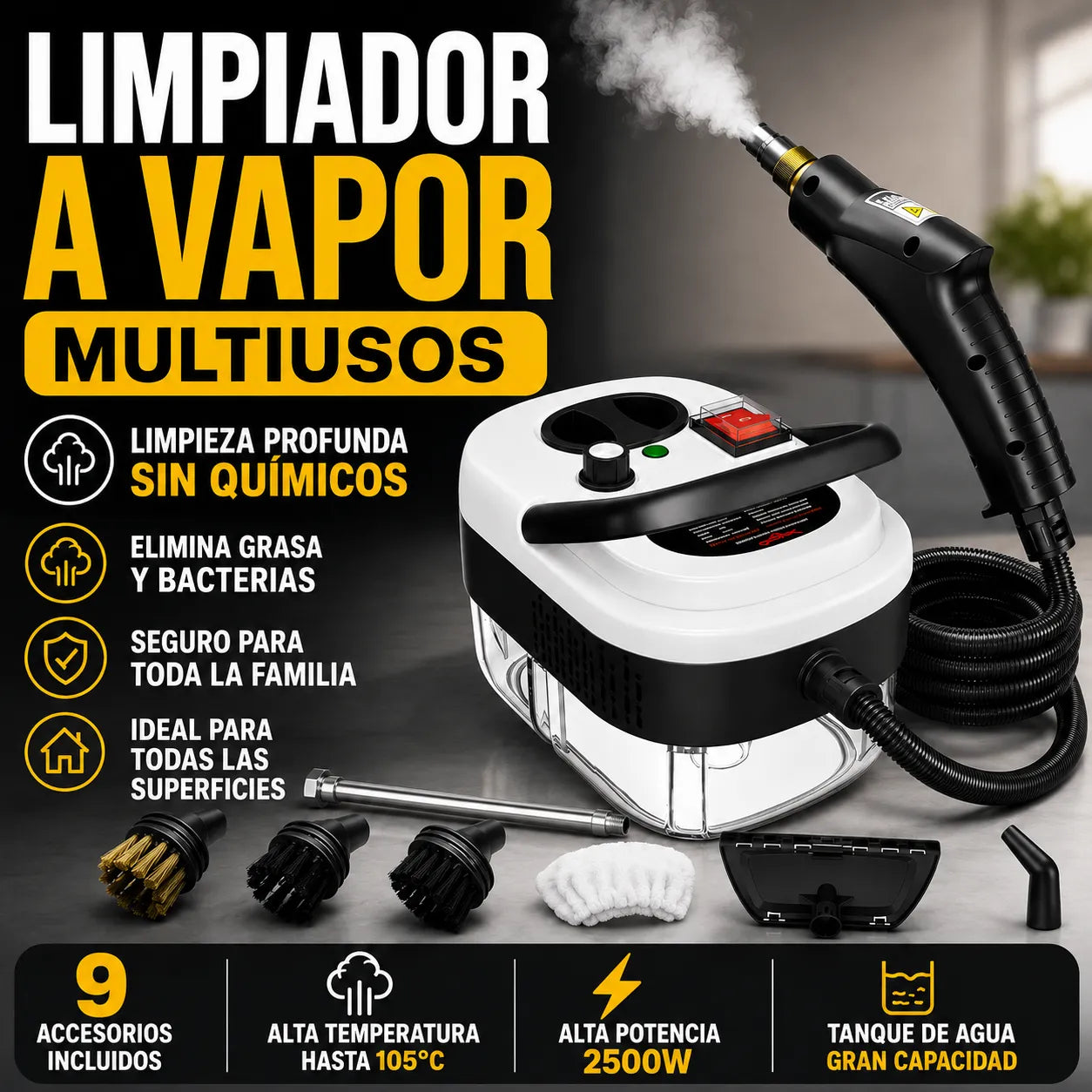 LIMPIADOR A VAPOR MULTIUSOS 9 ACCESORIOS